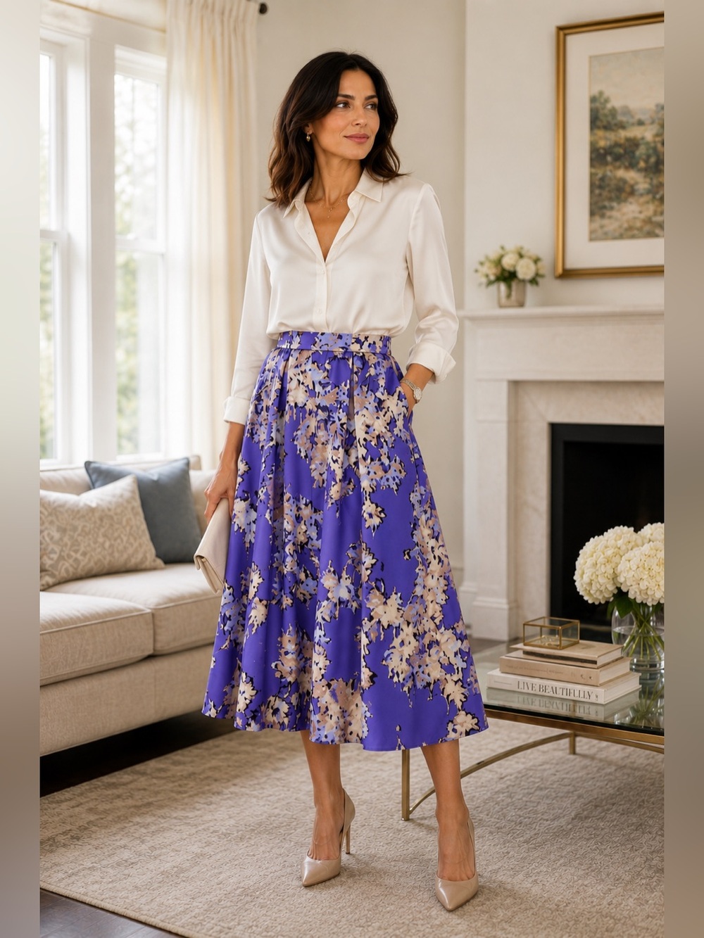 NWT Misook Floral Crepe De Chine Midi Skirt - Concord Purple Abstract Print